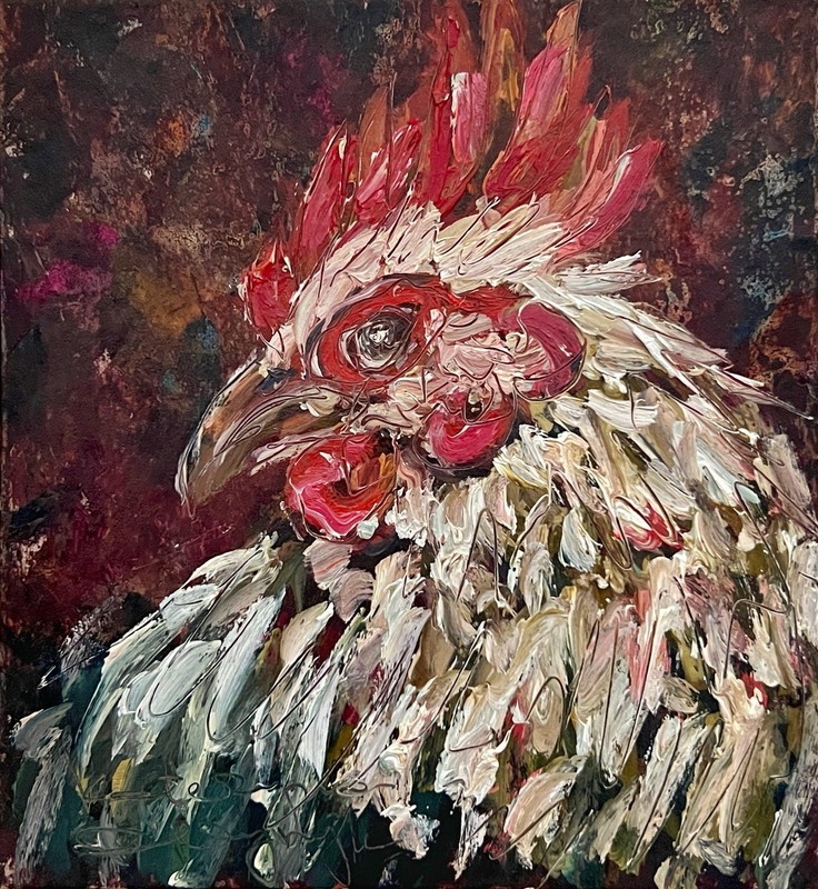 Rooster Oil Painting Impressionist Bird Art Chicken Original Framed Artwork 8” gallery