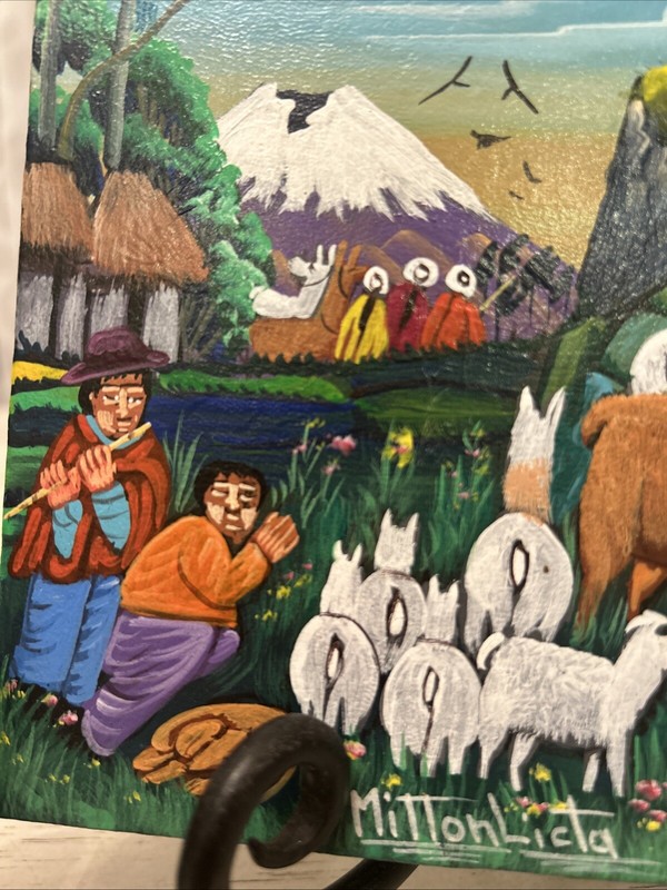 Set 2 Primitive Latin Folk Art Tigua Colorful Sheep Llama Shearling Signed