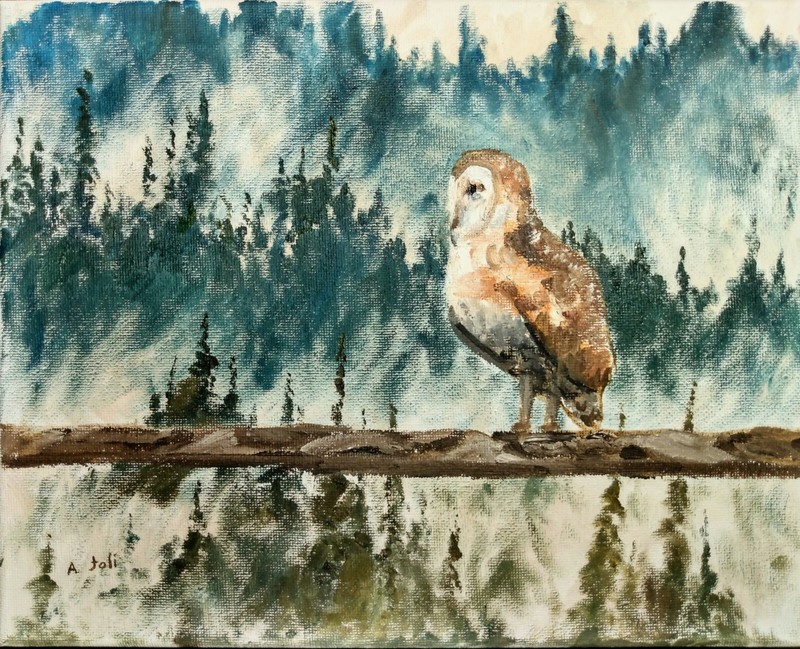 Oil Painting Barn Owl Bird Foggy Sunrise Mountain Animal Landscape Art A. Joli