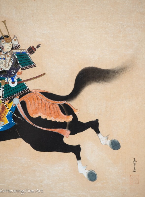 Antique / Vintage Japanese Silk Painting of Samurai Warrior on Horseback 16x19" gallery