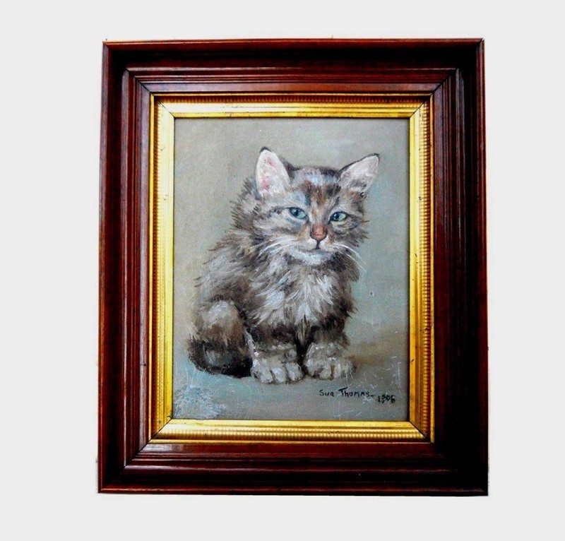 Antique Small French Country Cottage 1906 Kitten Cat Oil Board Painting Portrait
