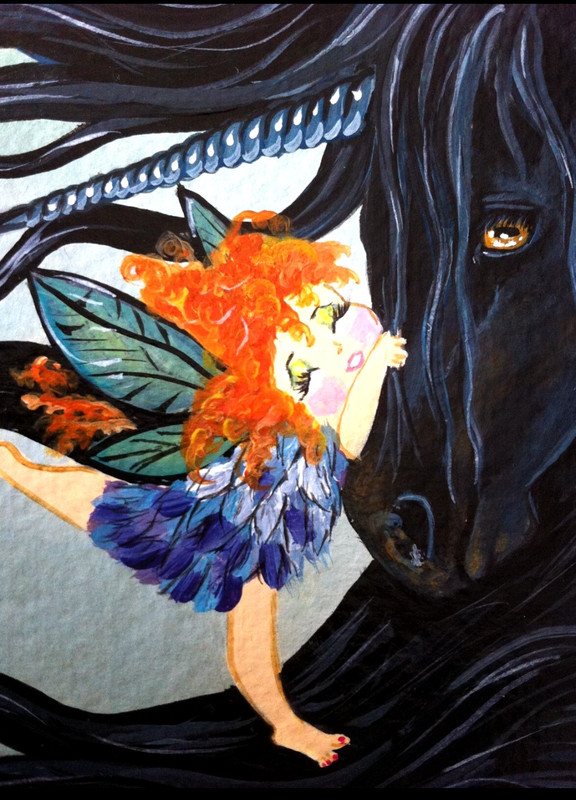 7# Original Acrylic 7.5 x 10-inch Painting. Little Fairy & Black Unicorn