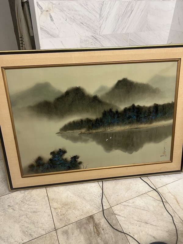 Large DAVID LEE 79’ Original Landscape Painting on Silk Framed 42×30”
