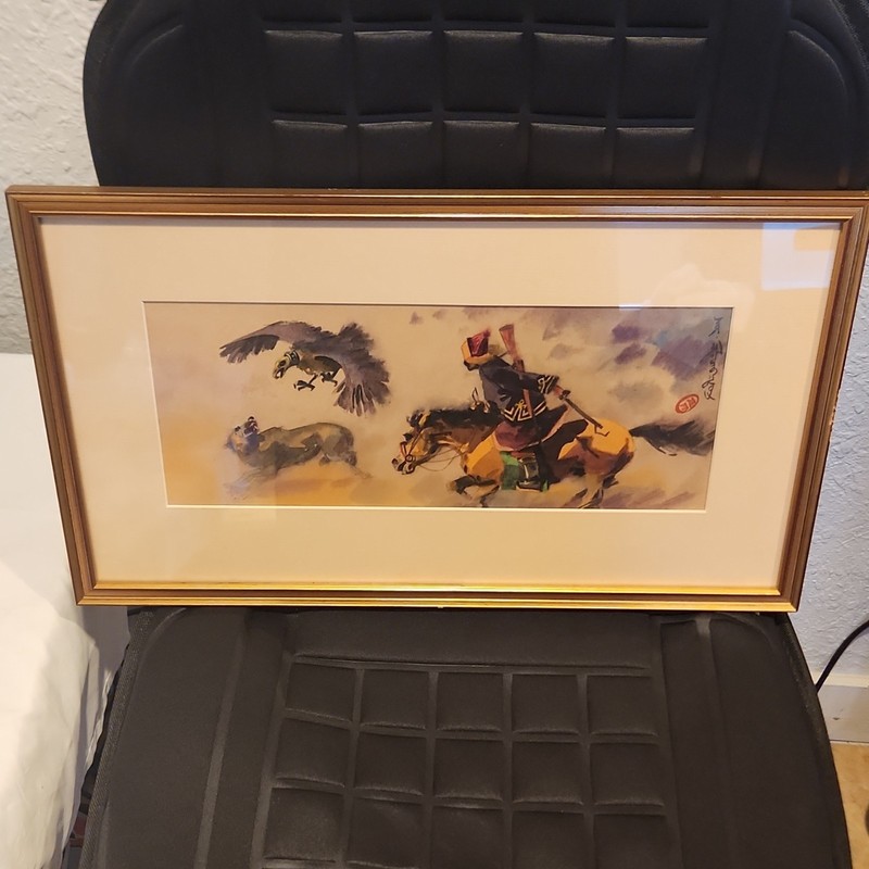 Ulan Baatar 1991 Framed Signed Watercolor Hunter Horse Vulture Outer Mongolia