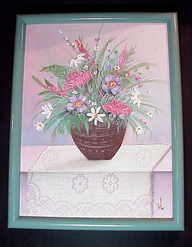 REAL LACE CLOTH WITH THICK PAINT FLOWERS WALL ART 13 1/2 X 17 1/2 IN WOOD FRAME