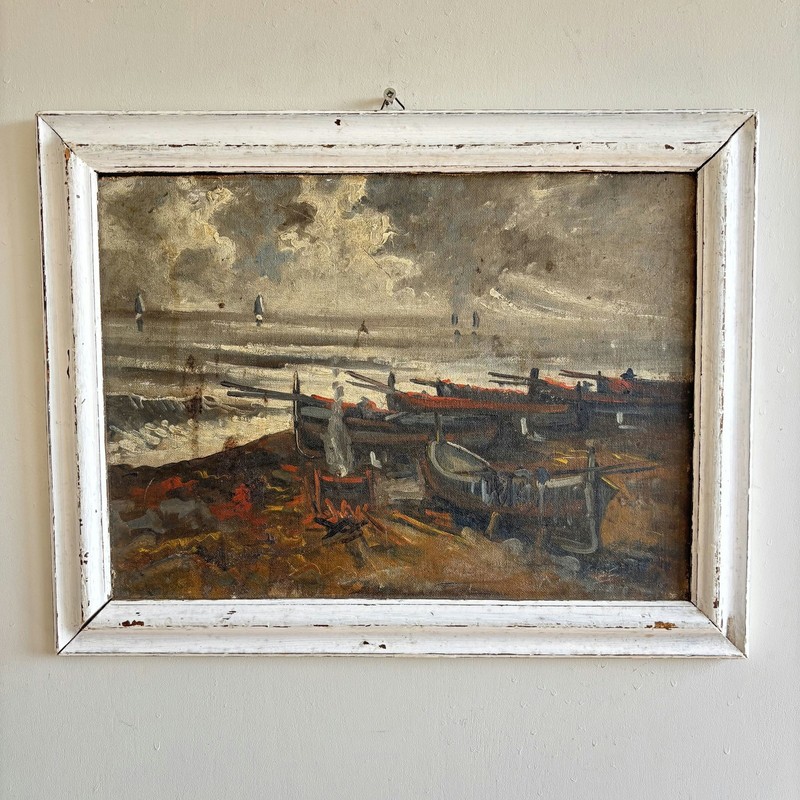 Rustic Seascape Oil Painting «Fishing Boats» Handcrafted Artwork