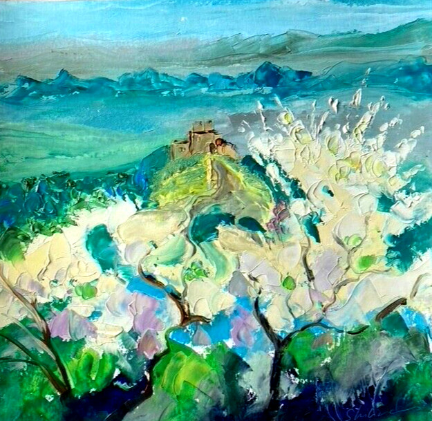 Original Oil Painting Castle Landscape France Textured 3D Spring Trees Brush