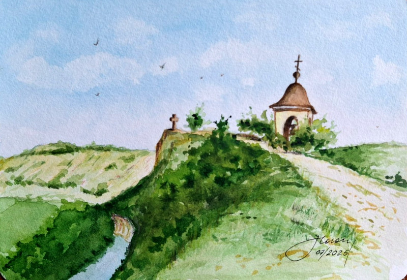 Original Watercolor Painting Old Orhei Monastery Church Bell Tower 8.3” x 5.71”