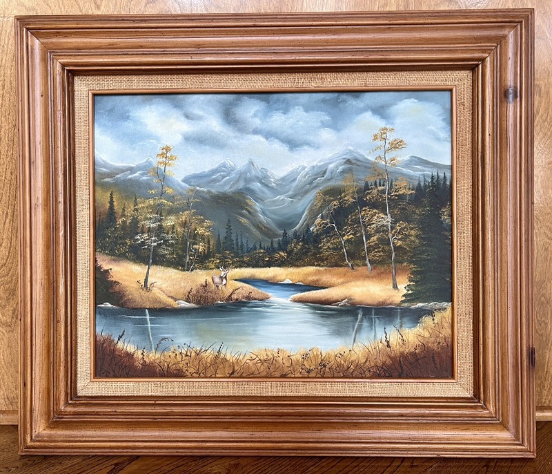 Vintage Landscape Oil Painting of Mountain Forest Lake Deer Snow Signed & Framed