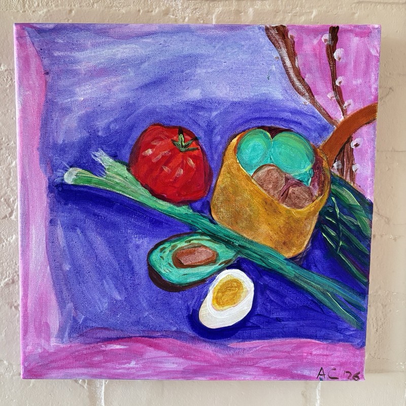 Primitive Painting Still Life Signed 12” Square Bright Happy