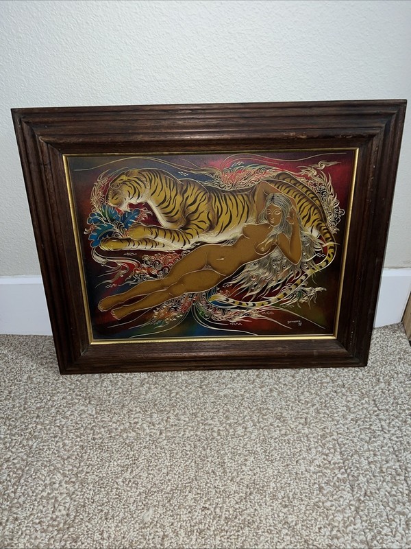 Vintage Framed Nude Goddess/tiger Engraved/carved. Gold Metallic Painting