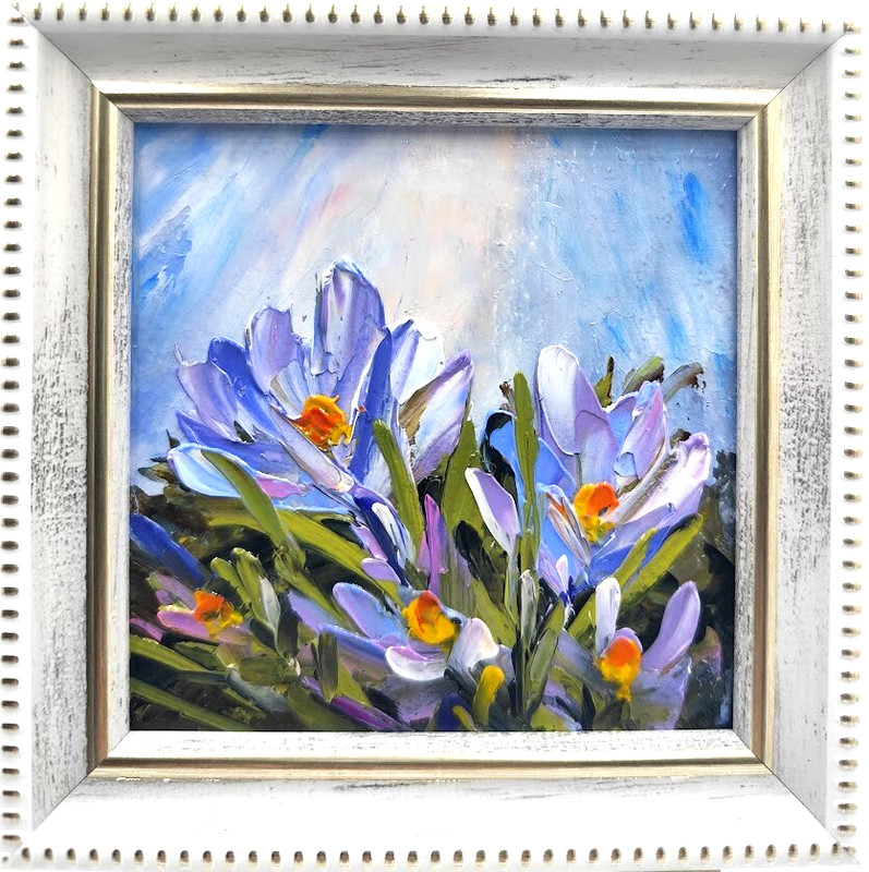 Original Oil Painting 4×4 in Framed Signed Spring Crocus Flowers Impasto Art