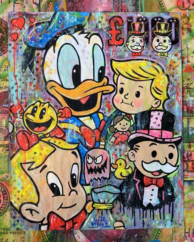 WILL STREET original painting 24x30 / Donald Duck Pacman monopoly richie rich gallery