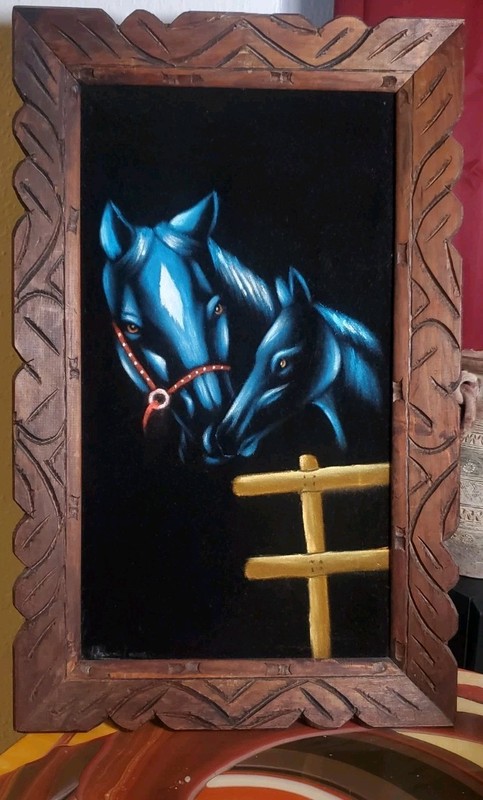 Blue Horses Black Velvet Painting Signed By Mexican Artist