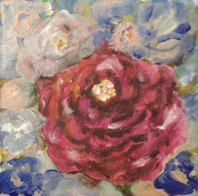 Original Acrylic Abstract Painting Rose Flower 6 x 6 Stretch Canvas Art Signed