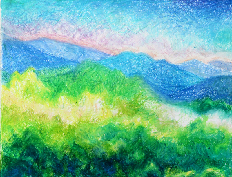 Original Landscape Oil Pastel Painting Impressionism Mountains Golden Hour 14x12