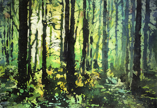 Watercolor landscape painting. Trees forest artwork green watercolor (print)