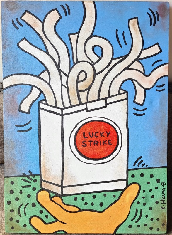 KEITH HARING OIL ON CANVAS PAINTING SIGNED AND SEALED MEASURES 50CM X 70CM