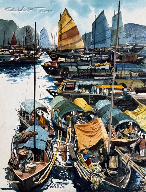 Jake Lee Original Watercolor Hong Kong Harbor SF Chinatown Restaurant Provenance