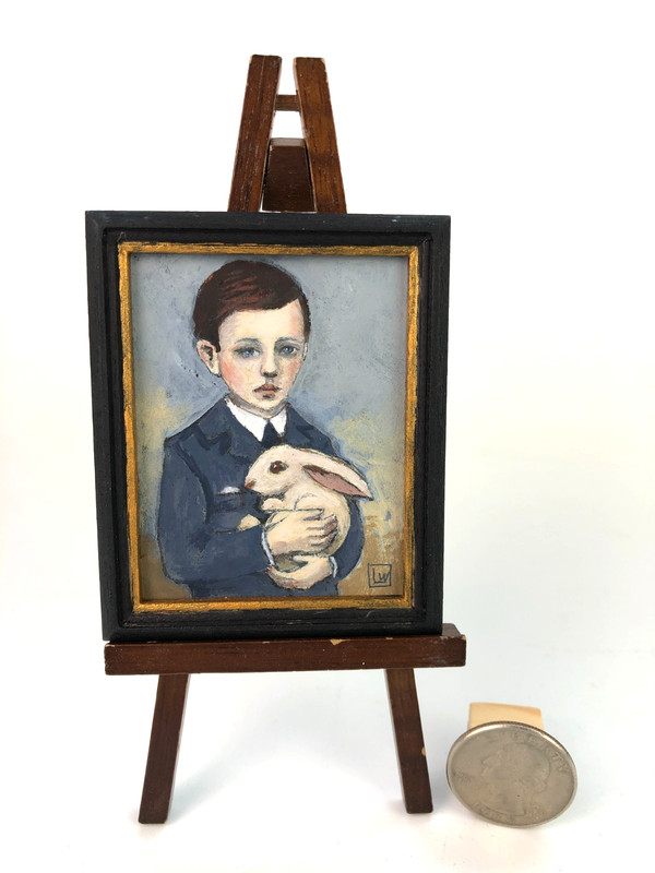 Miniature Boy Bunny Oil Painting 2-1/2" x 3" Dollhouse Folk Art by Lawn Walker