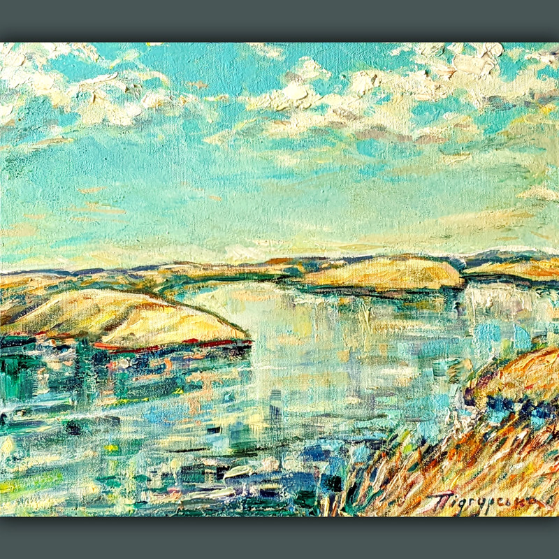 Original Textured River Landscape Oil Painting Lake View 12×14″ Canvas panel