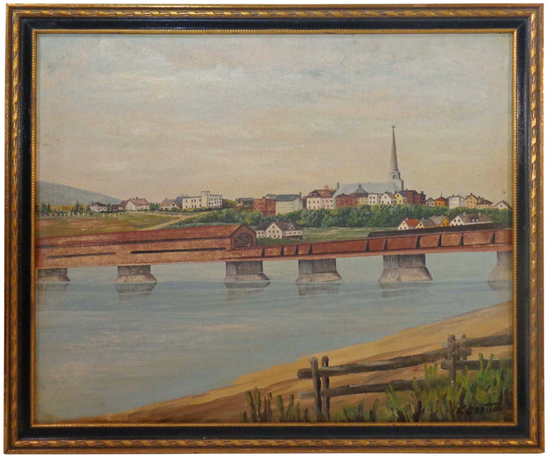 A. GRATTON EARLY 20TH C FOLK ART SIGNED O/B CORNISH-WINDSOR CVRD BRIDGE/CT RIVER