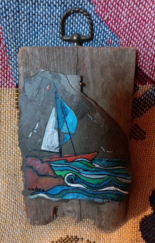 Vintage Signed Painting Stone Wood Mounted Fun Retro Decor Sailboat Salt Life