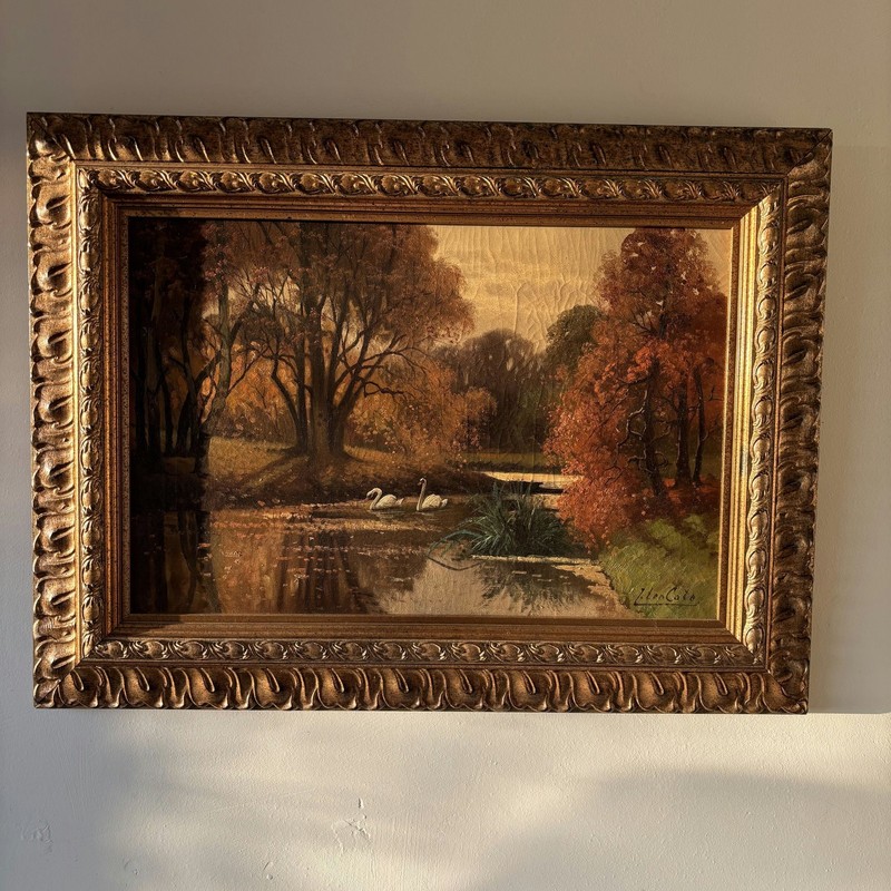 Original Landscape Oil Painting «Swans Reflected» Authentic Large Art