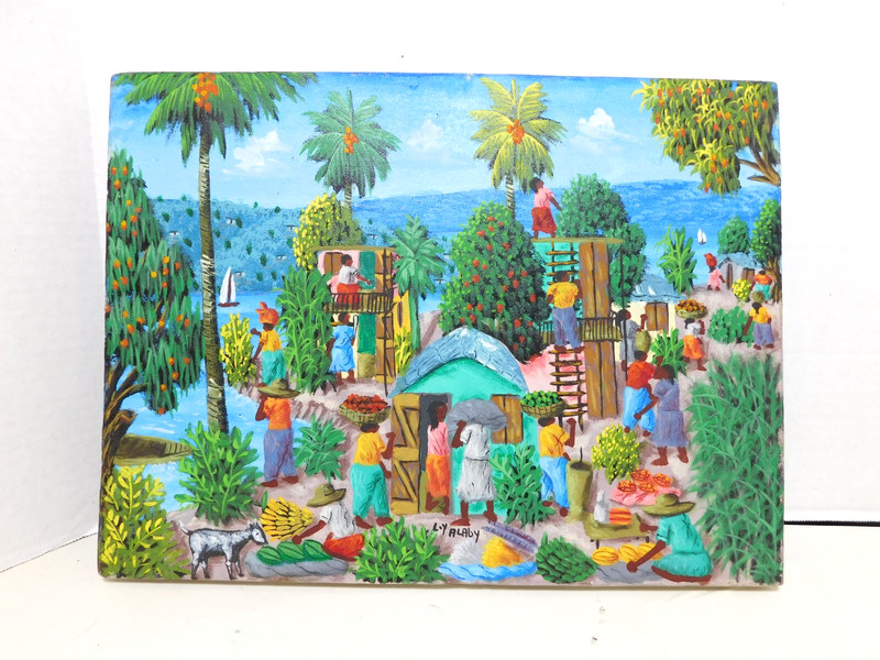 L.Y. Alaby Hand Painted Haitian Village 16″x12″ Colorful Vibrant