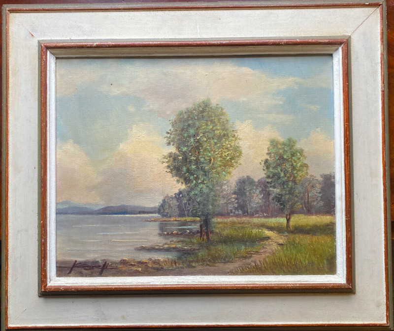 Oil painting by Sign. Kugeli at Grenfensee in Mainz Meadow landscape with trees
