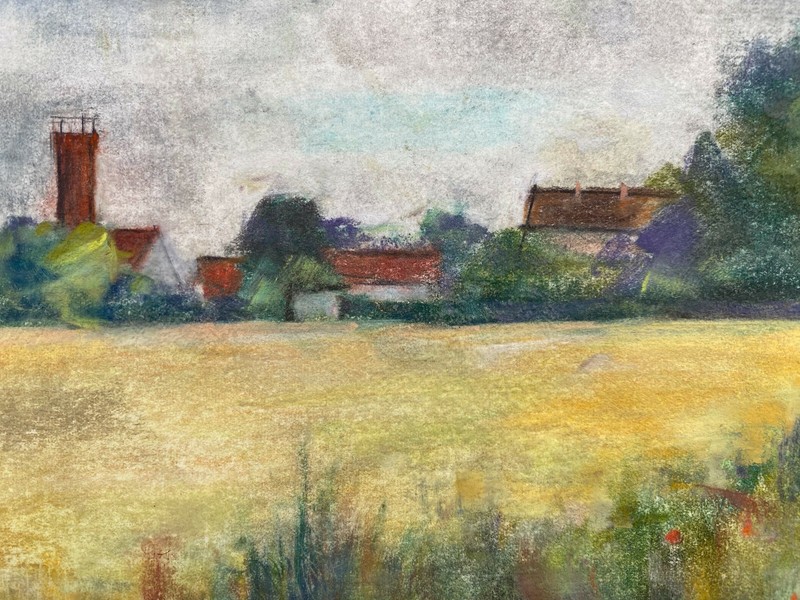 Franz Ehmke *1928-2018 Berlin Blankenfelde Felder Tower Village Pastel Signed gallery
