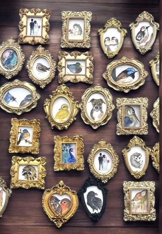 mini paintings & prints in vintage style ornate frame, mini art, birds & animals