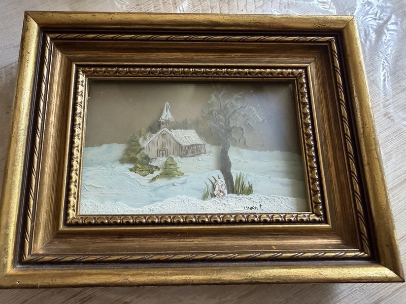 Vintage Reverse Painted Glass Winter Church Scene 3D Art Signed Carrie T Framed