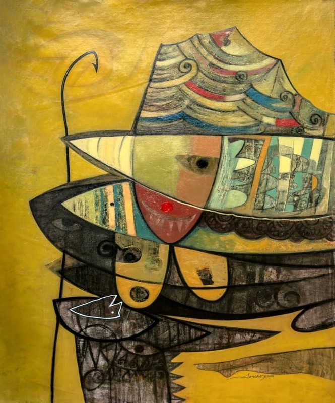 mixta on canvas La proteccion de los peces art 75×100 Adrian Sancho.cuban art