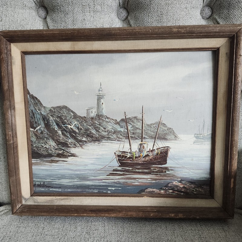 Vintage Coastal Beach Seascape Lighthouse Oil Painting, Signed H Wilson