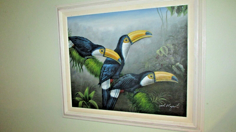 Mid 20th Century Oil Painting Macaws by Mariel Chapot, Framed Hollywood Regency gallery