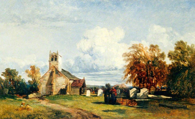 Oil painting Gillingham-Churchyard-Kent-William-James-Muller-village landscape !