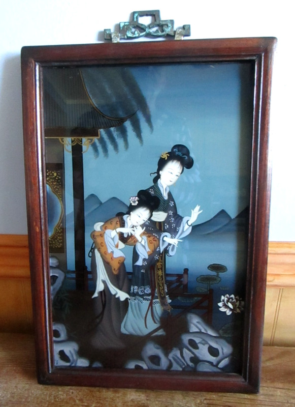 Vin. Oriental Reverse Painted Geisha's, Wood Panel Frame gallery