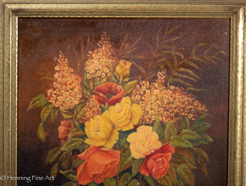Stunning Antique Oil Painting of Classical Floral Still Life Red & Yellow Roses gallery