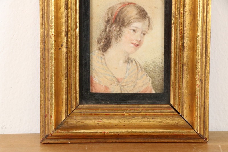 Antique Biedermeier Portrait Painting Young Lady Circa 1850 Watercolor Gouache Signed gallery
