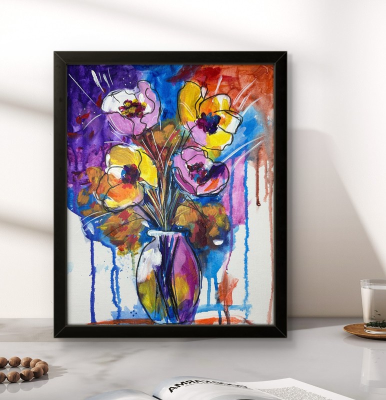 Abstract FLORAL Vase Colorful Flowers Drip 14X11 ORIGINAL ART MODERN HOME