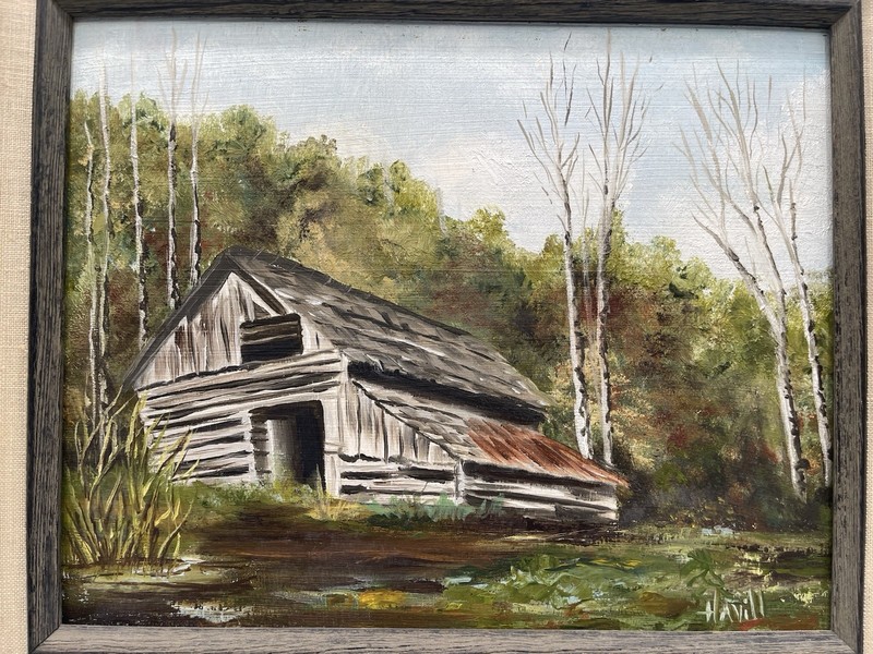 Vintage Original Oil On Wood Rustic Barn Foliage Signed HAVILL Framed Painting gallery