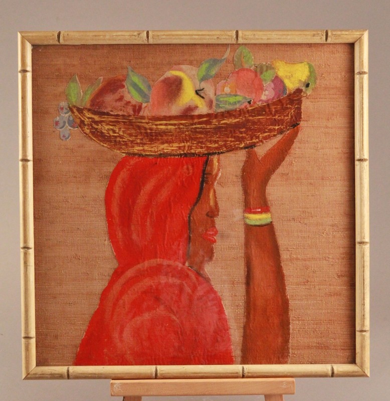 VINTAGE 19 1/4″ X 19 1/4″ NATIVE GIRL BASKET FABRIC and PAINT BAMBOO FRAME