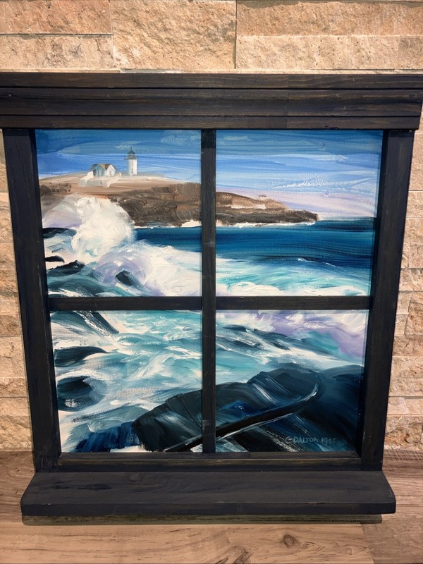 Dalton Hand-Painted Window Art With Ocean Scene & Light House On Bluff 20×23.5”