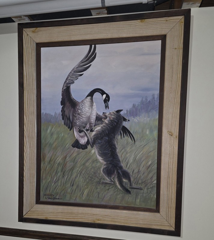 Louis Shipshee Oil Painting – Wildlife – Canadian Goose and a Coyote