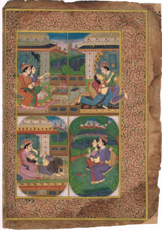 Indian Miniature Painting Of Mughal Emperor & Empress in Love Scene 7×9.5 Inches