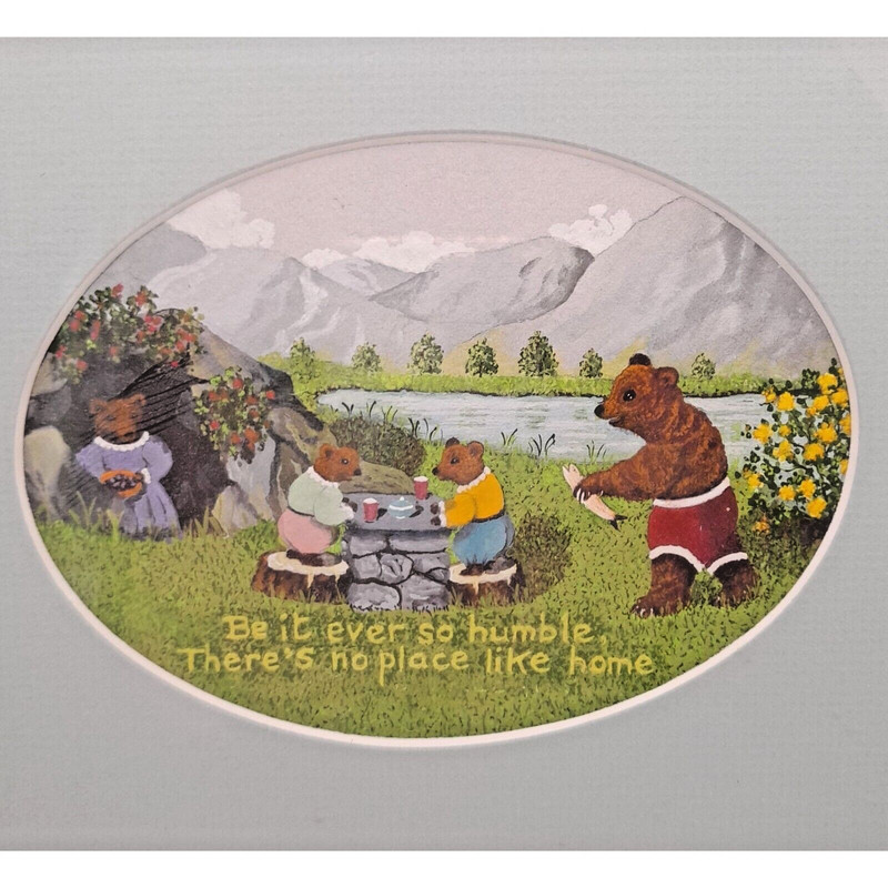 Whimsical Bear Family Watercolor Painting Nature Lake Humble Home Original 11×9