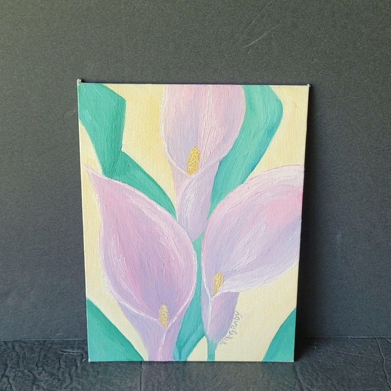 Small Oil Painting Pink Calla Lilies on Canvas Board 6×8″ Signed Unframed