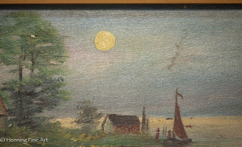 Antique Virginia Oil Painting Riverside Cottage Full Moon Signed "MB" 6.25x13.75 gallery