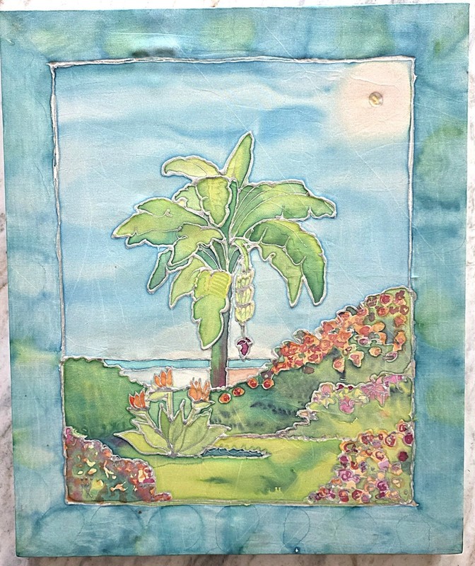 Original Hand Painted Tropical Watercolor on Silk Signed by Artist 14.25″x12″x1″